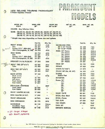 1971 Schwinn Paramount bicycle specification sheet